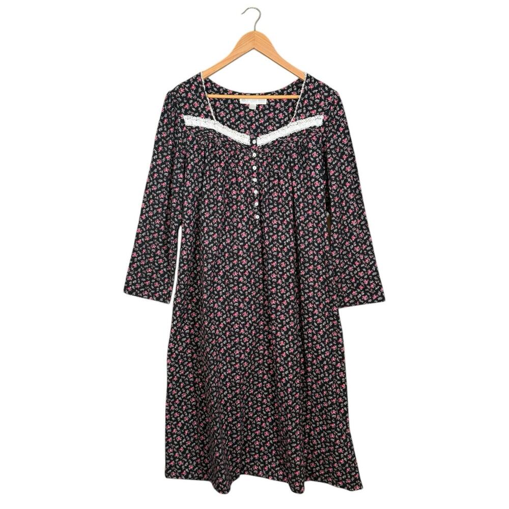 Eileen West Floral Nightgown Large Black Pink Cotton Lace Button Sleepwear